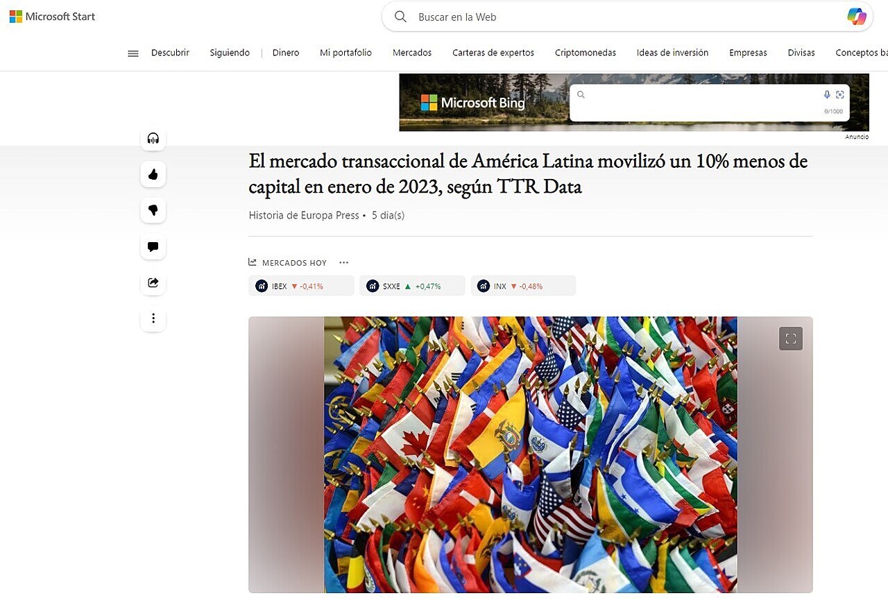 El mercado transaccional de Amrica Latina moviliz un 10% menos de capital en enero de 2023, segn TTR Data
